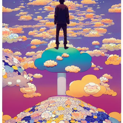 Image similar to a man walking on clouds away from the camera above kyoto by takashi murakami, beeple and james jean, aya takano color style, 4 k, super detailed, modern, 4 k, symmetrical