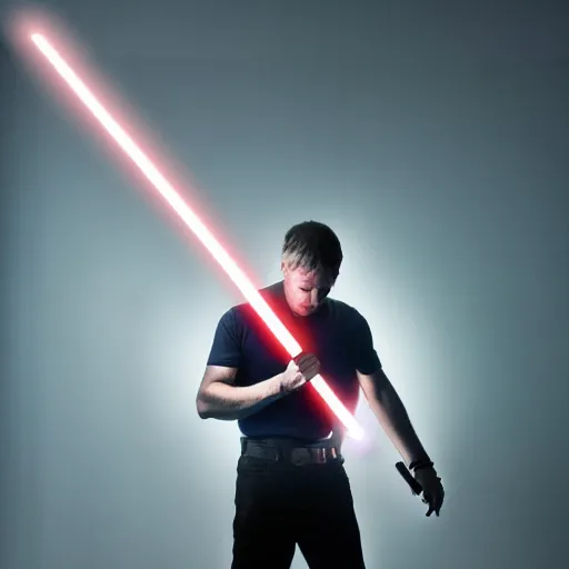 Prompt: a man holding a real life lightsaber in a dark room, 4k, high detail, high-resolution photograph, professional photography, ultra-detail
