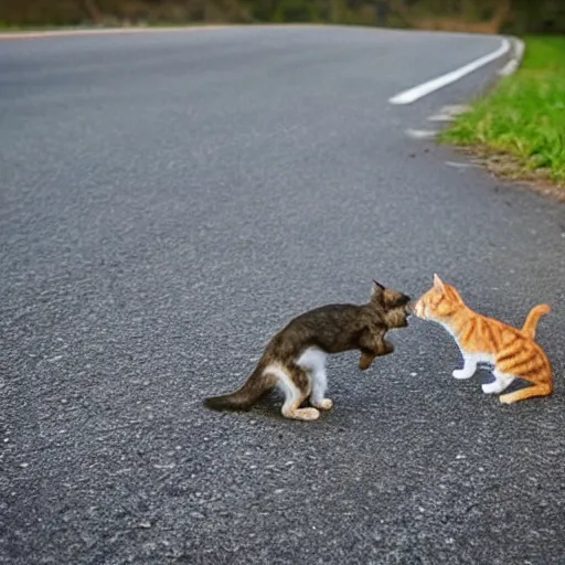Prompt: The little dog bumped into the little cat on the road