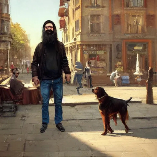 Prompt: oil painting of a man with long hair and a beard with his golden retrever dog playing guitar in the square for money people watching around, by greg rutkowski, artstation