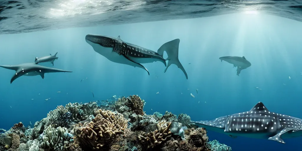 Image similar to hyperrealistic underwater photography, panoramic picture of an ocean floor with in the distance some whale sharks. focus on the sharks. the sharks are anatomically correct and highly detailed. the shark's eyes are intricately detailed. there are lots of bubbles. seaweed and some rocks. gloomy scattered light entering from the water surface, trending on artstation, hq, 4 k