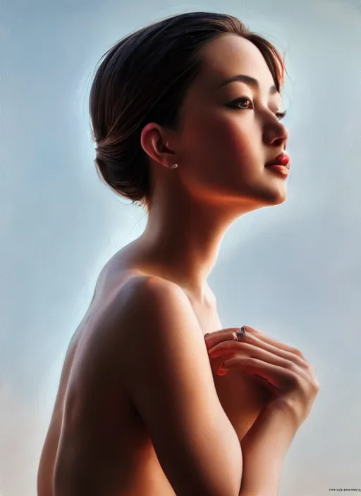 Image similar to high angle photo of a gorgeous young woman in the style of stefan kostic, realistic, 1 / 2 body shot, 8 5 mm art lens, f 1. 2, sharp focus, 8 k high definition, insanely detailed, intricate, elegant, art by stanley lau and artgerm