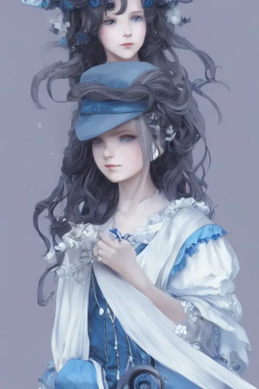 Image similar to a character design of young black lolita dressed girl, grey and blue theme, wavy white long hair by krenz cushart and mucha and akihito yoshida and greg rutkowski, detailed eyes, 4 k resolution