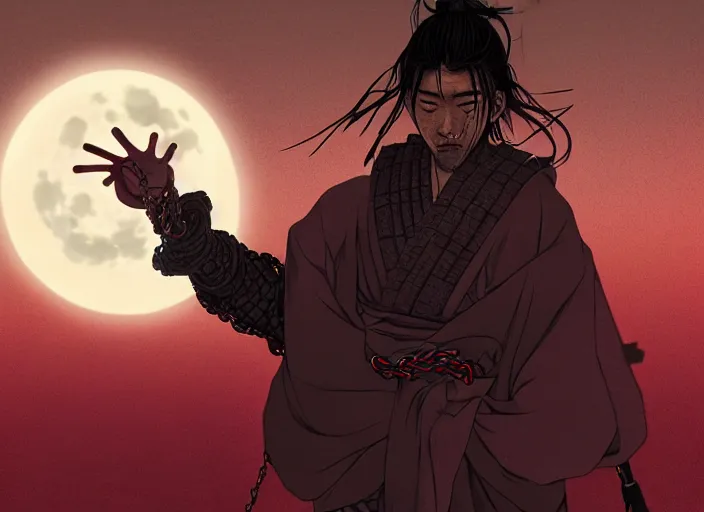 Image similar to samurai vagabond WITH A MOON BEHIND , HAS 4 HANDS ARMS AND IS WRAPPED IN CHAINS, manga,detailed, studio lighting, gradation,editorial illustration, matte print, Ilya Kuvshinov, concept art, digital