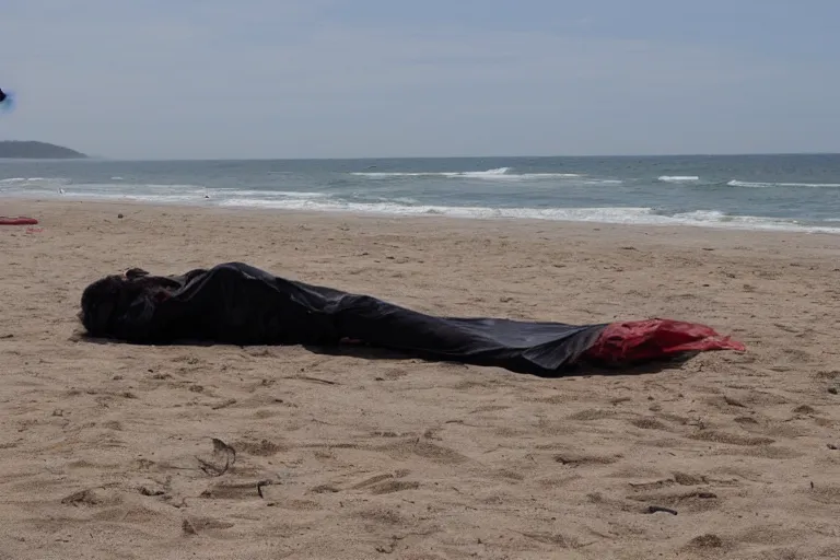 Prompt: lamboo dead body on the beach