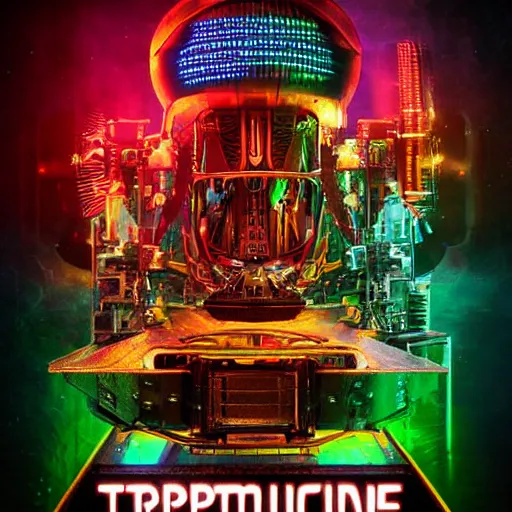 Prompt: movieposter art, movie is called tripmachine, tripmachine, photo of a huge futuristic steampunk machinery made of instruments, 8 k, fluorescent colors, halluzinogenic, multicolored, exaggerated detailed, front shot, 3 d render, octane