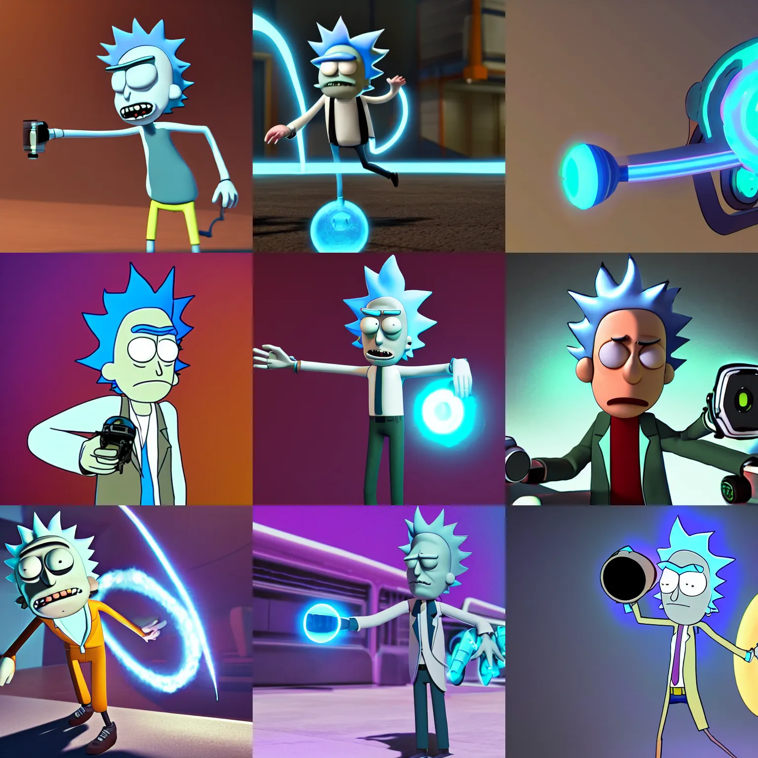 Prompt: rick sanchez posing with his portal gun, octane render in the style of rick & morty