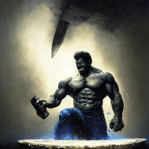 Image similar to artstation concept a midnight blue hulk jolding a meat cleaver, dusty, hyperdetailed, artstation trending, world renowned artists, worth 1 0 0 0. com, historic artworks society, antique renewel, cgsociety, by greg rutkowski, by gustave dore, deviantart