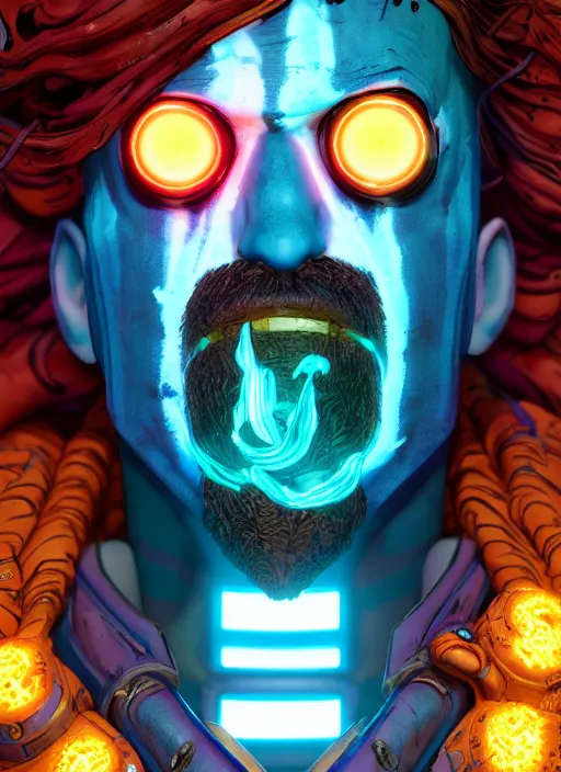 Image similar to glowwave portrait of curly orange hair man from borderlands 3, au naturel, hyper detailed, digital art, trending in artstation, cinematic lighting, studio quality, smooth render, unreal engine 5 rendered, octane rendered, art style by klimt and nixeu and ian sprigger and wlop and krenz cushart.