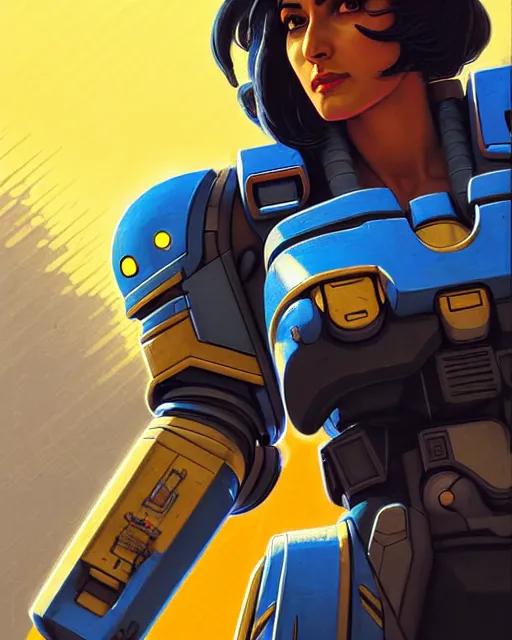 Image similar to pharah from overwatch, battletech, character portrait, portrait, close up, concept art, intricate details, highly detailed, vintage sci - fi poster, retro future, vintage sci - fi art, in the style of chris foss, rodger dean, moebius, michael whelan, and gustave dore