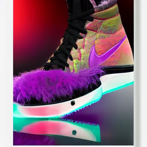 Image similar to poster nike shoe made of very fluffy colorful faux fur placed on reflective surface, professional advertising, overhead lighting, heavy detail, realistic by nate vanhook, mark miner