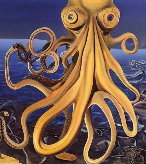 Image similar to a cybernetic realistic octopus giving a lecture at 9pm in Cap de Creus, detailed oil painting by Salvador Dali