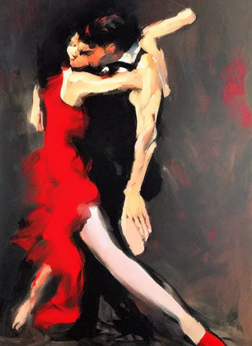 Image similar to tango dancerin in black and red dress, painting by phil hale, fransico goya,'action lines '!!!, graphic style, visible brushstrokes, motion blur, blurry, visible paint texture, crisp hd image