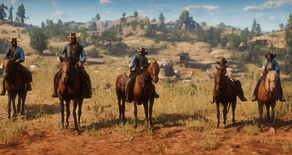 Prompt: Screenshot of funko pop cowboy characters in the videogame 'red dead redemption 2'. Sharpened. 1080p. High-res. Ultra graphical settings.