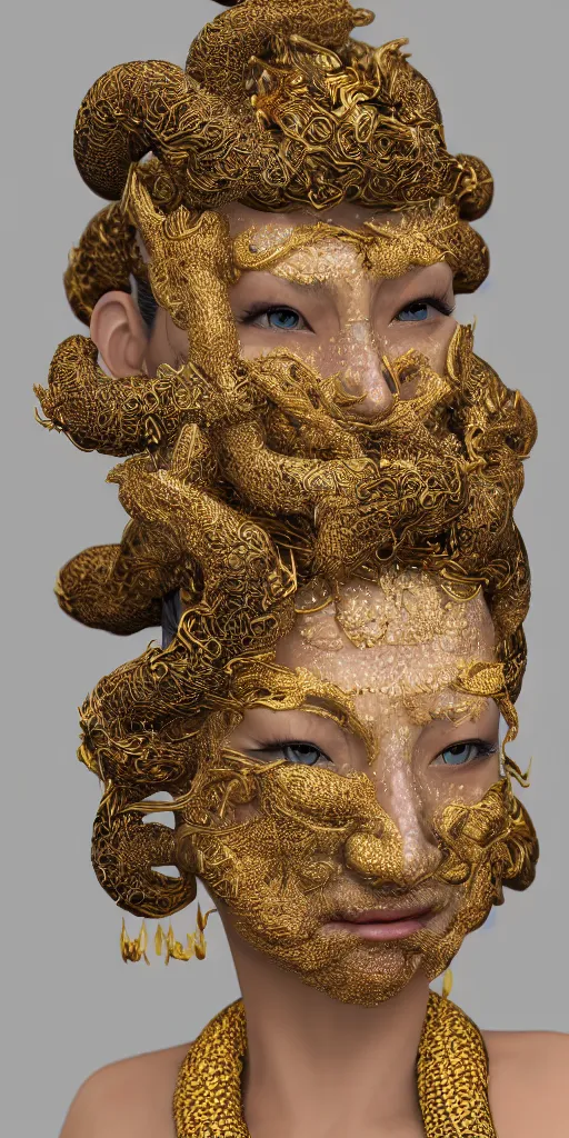 Prompt: hyperrealism, detailed textures, photorealistic japanese medusa queen, intricate, detailed facial animal mask, golden jewelery, japanese style, ultra realistic, cinematic, intricate, cinematic light, unreal engine 8 k