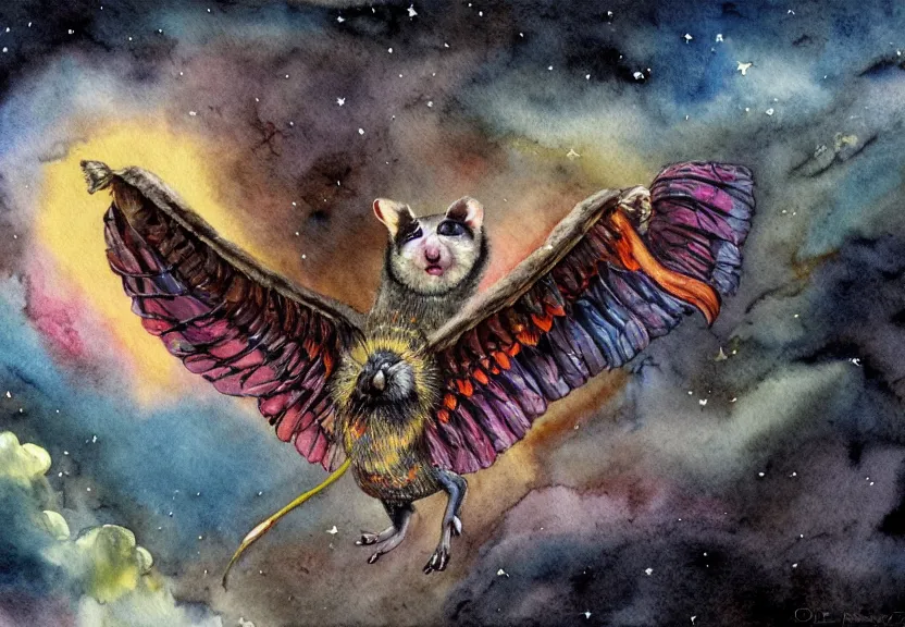 Image similar to the legendary colorful winged possum is flying over a medieval castle under the dark starred sky, dark fantasy, watercolor, dreaming illusion, highly detailed, 4k, trending on Artstation, award-winning