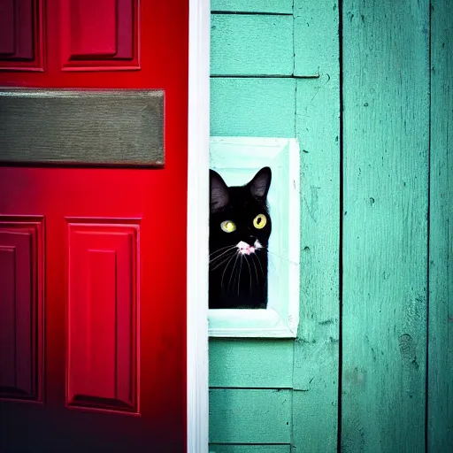 Image similar to a cat peaking behind the red door, professional photography