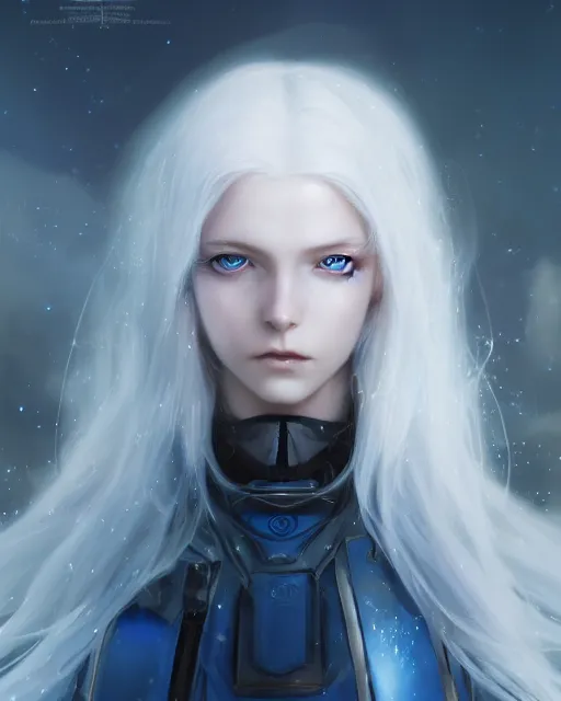 Image similar to perfect white haired girl, ethereal armor, beautiful, pretty face, blue eyes, detailed, windy weather, scifi, platform, laboratory, experiment, 4 k, ultra realistic, epic lighting, high detail, masterpiece, by akihito tsukushi, charlie bowater, ross tran