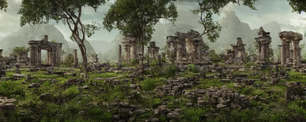 Image similar to ” otherwordly landscape with temple ruins covered by vegetation, [ cinematic, detailed, epic, widescreen, opening, establishing, mattepainting, photorealistic, realistic textures, octane render ] ”