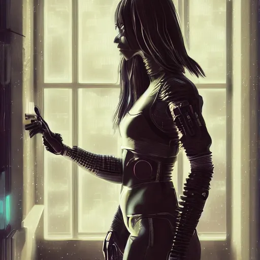 Image similar to portrait of cyberpunk woman looking out of a window, cyberpunk setting, futuristic, highly detailed, intricate lighting, digital painting, sharp focus, illustration, trending on artstation, by rob rey