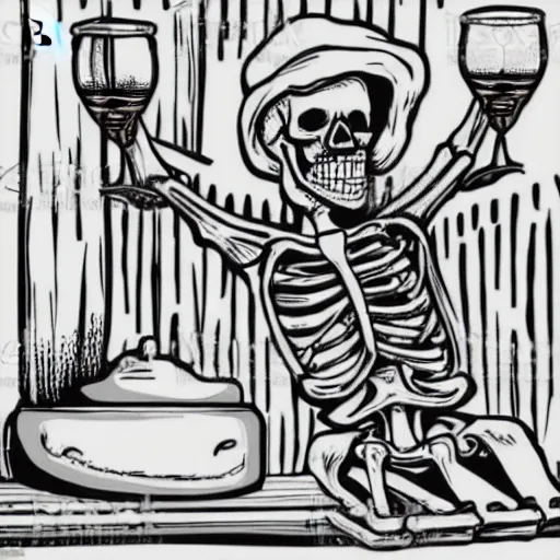 Image similar to a skeleton drinking beer in a medieval tavern, black and white vector art