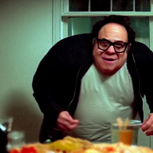 Image similar to still image from a found footage movie of devito staring hungrily through a window at night