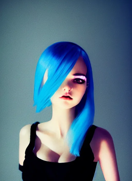 Image similar to hyper realistic photograph portrait of pretty girl with blue hair, wearing a little black dress, dramatic lighting by ilya kuvshinov