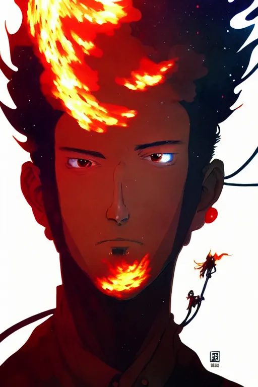 Prompt: the wondering man touched by flames, pixiv fanbox, natural light, anime style, graphic novel by fiona staples and dustin nguyen, peter elson, alan bean, wangechi mutu, clean cel shaded vector art, trending on artstation