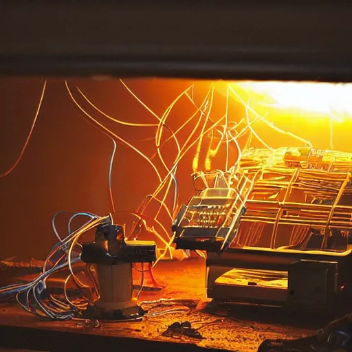 Image similar to overcharging toaster oven, tangles of metallic cables, dark messy smoke - filled cluttered workshop, dark, dramatic lighting, orange tint, sparks, plasma charges, cinematic, highly detailed, sci - fi, futuristic, movie still