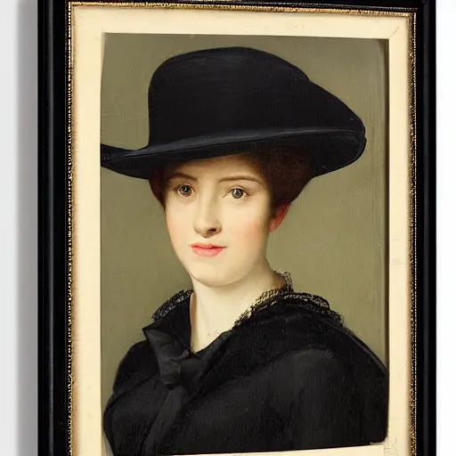 Prompt: portrait of a woman wearing a bowler hat, by berthold woltze.