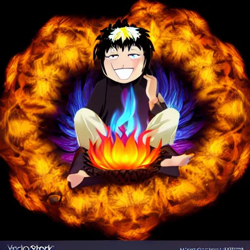 Image similar to fluffy popcorn anime character with a smiling face and flames for hair, sitting on a lotus flower, clean composition, symmetrical