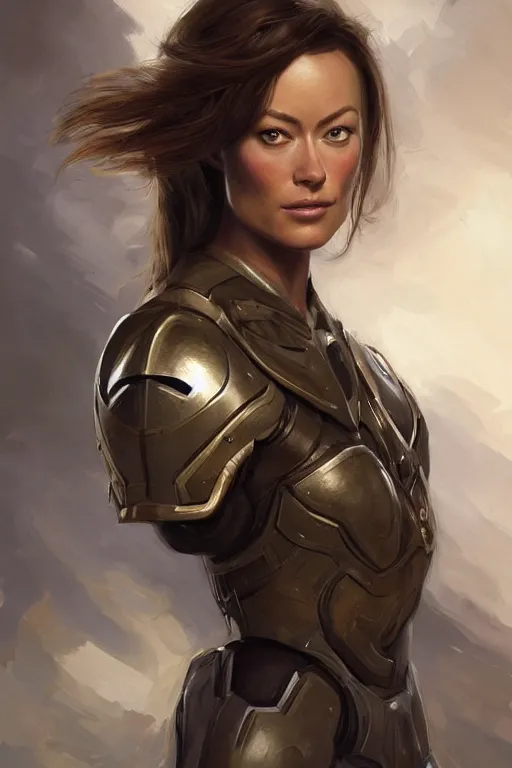 Image similar to a professional painting of a young Olivia Wilde, clothes in military armor, olive skin, long dark hair, beautiful bone structure, symmetrical facial features, intricate, elegant, digital painting, concept art, smooth, sharp focus, illustration, from StarCraft by Ruan Jia and Mandy Jurgens and Artgerm and William-Adolphe Bouguerea