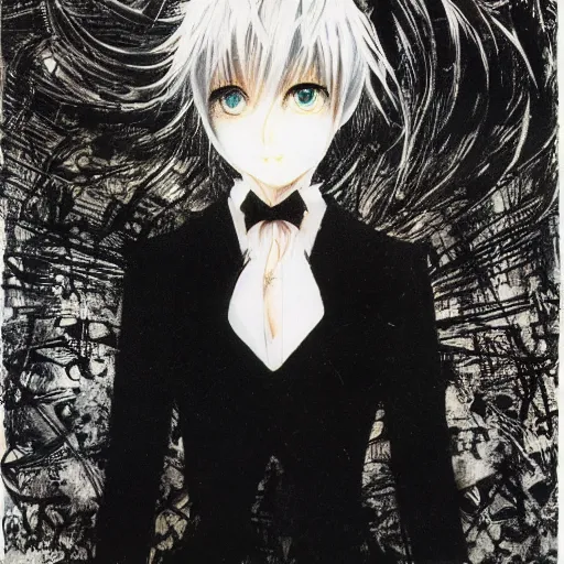 Prompt: Yoshitaka Amano realistic illustration of an anime girl with short white hair and black eyes wearing tuxedo, abstract black and white patterns on the background, noisy film grain effect, highly detailed, Renaissance oil painting