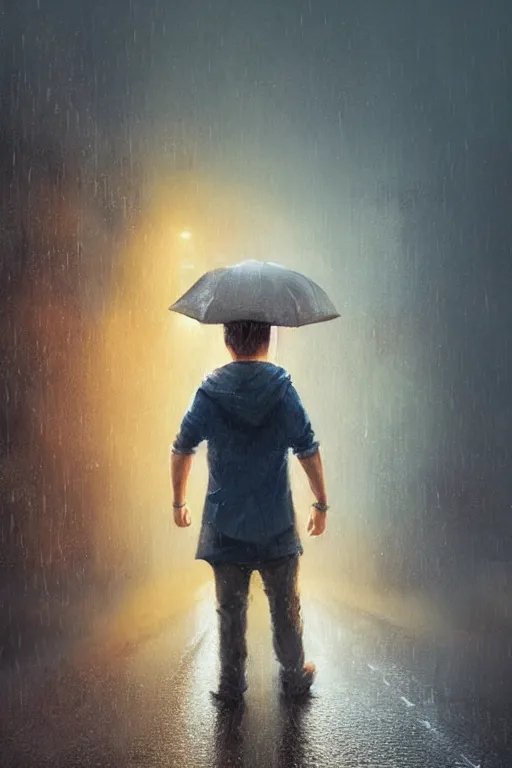 Image similar to Full body portrait of a short, overweight teenage boy, medium length brown hair and fringe, not intelligent, standing in road, rainy wet day, cinematic lighting, by Jordan Grimmer and Wojtek Fus and greg rutkowski, Trending artstation, cinematográfica, digital Art