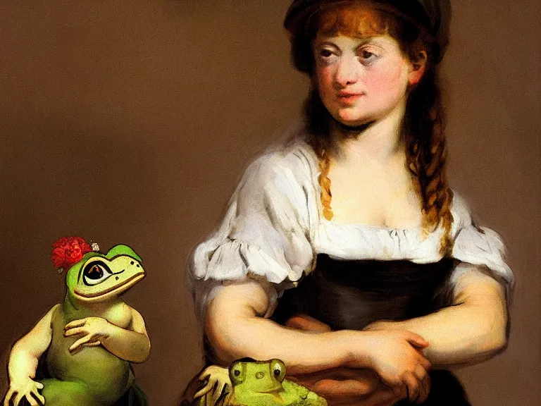 Image similar to The Milkmaid of Bordeaux by Francisco Goya, vaporware, pepe the frog, high detail, high resolution