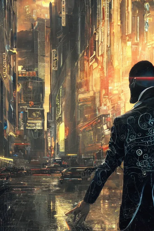 Image similar to in the foreground a Parisian street, in the background a dark-haired man from behind playing with swirls of black energy coming out of his hands wearing a long matrix-style jacket, realistic, high definition, many details, dramatic scene, detailed hands and realistic, symmetrical face, realistic eyes, cyberpunk art 2077