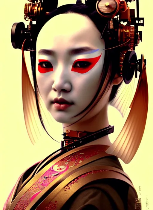 Prompt: beautiful japanese geisha wearing vr eyepiece, robotic, android, cyborg, cyberpunk face, steampunk, fantasy, intricate, elegant, highly detailed, colorful, vivid color, digital painting, cool warm volumetric lighting, artstation, concept art, art by artgerm and greg rutkowski and ruan jia,