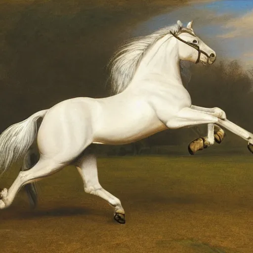 Prompt: a jumping wild stallion, by george-stubbs