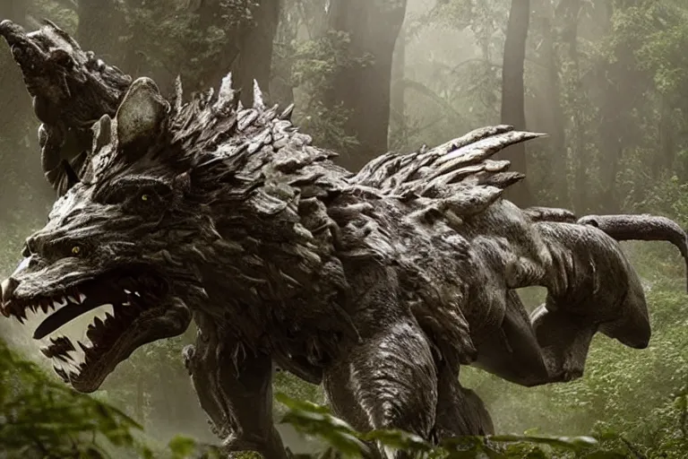 Image similar to vfx movie closeup detailed ancient armored warrior orc hunting riding large wolf in the forest, natural lighting by emmanuel lubezki