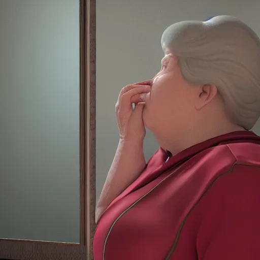 Prompt: of a very funny scene. ambient occlusion render. a sweet fat old woman is in kissing her reflection. flowery dress. mirror. symmetrical face, red mouth, blue eyes. deep focus, lovely scene. ambient occlusion render. concept art. unreal engine.