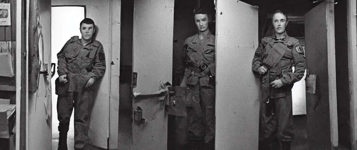 Image similar to a high quality color extreme creepy atmospheric wide dutch angle hd 4 k film 3 5 mm color photograph of a young inexperienced caucasian military man standing in a doorway of a military breakroom in with a clipboard he looks young and experienced in 1 9 8 2