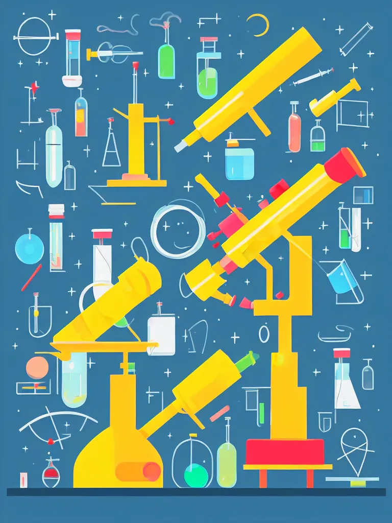 Image similar to editorial illustration scientific lab test tube telescope microscope spaceship, colorful modern, mads berg