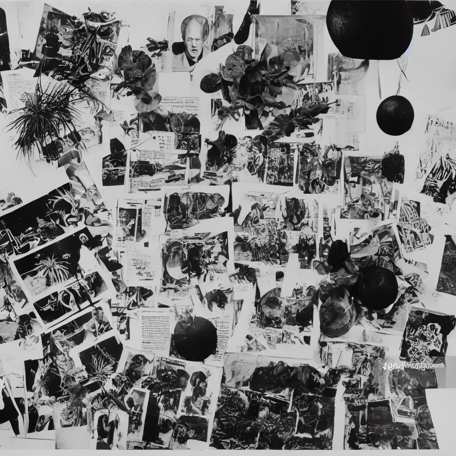 Prompt: A black and white photography of an exhibition space with objects of Sun Ra, Marcel Duchamp and tropical plants, 60s, offset lithography print, newspaper, close up shot