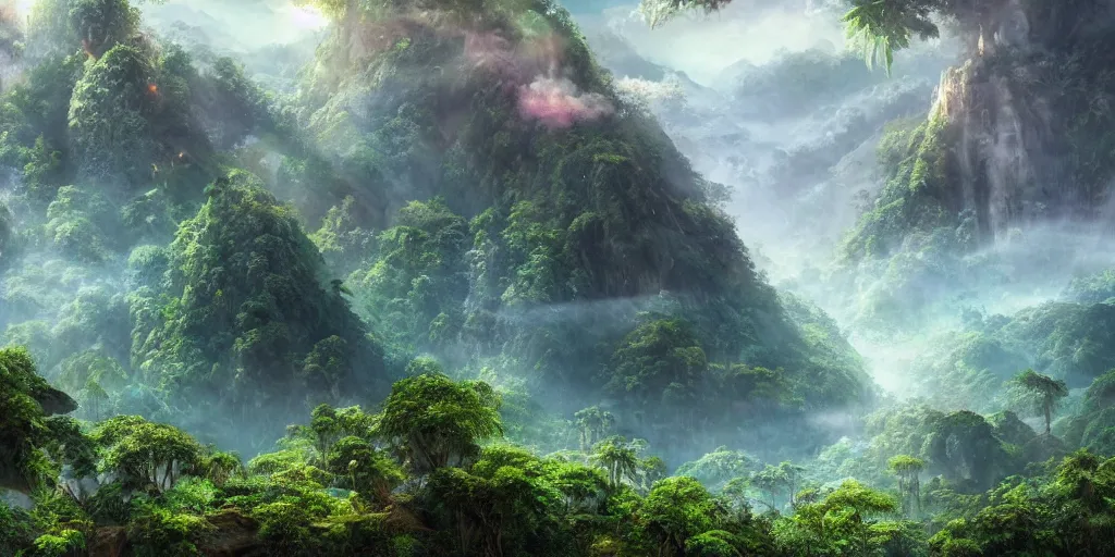 Prompt: a hyper realistic professional photographic view picture of a heavenly mountain in the jungle ,photographic filter unreal engine 5 realistic hyperdetailed 8k ultradetail cinematic concept art volumetric lighting, fantasy artwork, very beautiful scenery, very realistic painting effect, hd, hdr, cinematic 4k wallpaper, 8k, ultra detailed, high resolution, artstation trending on artstation in the style of Albert Dros glowing rich colors powerful imagery nasa footage drone footage drone photography