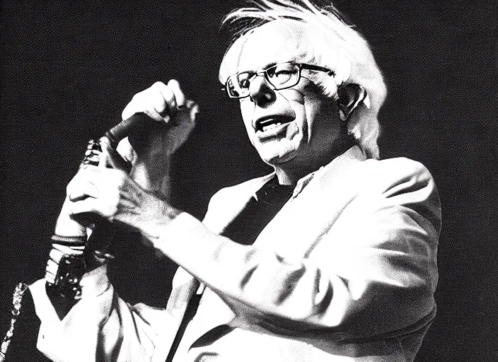 Prompt: publicity photo still of bernie sanders in motley crue live on stage 1 9 8 8, 8 k, live concert lighting, mid shot