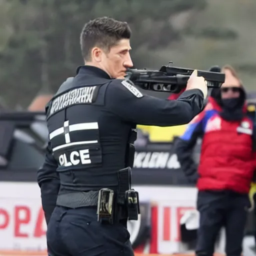 Prompt: robert lewandowski with a gun, fighting policemen