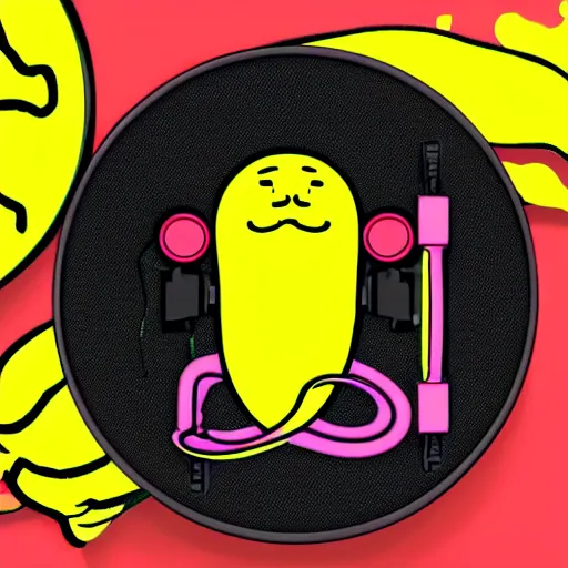 Image similar to svg sticker of a Dancing-Banana, at a rave, spinning records, giant headphones rocking out, wearing headphones, huge speakers, dancing, rave, DJ, spinning records, digital art, amazing composition, rule-of-thirds, award-winning, trending on artstation, featured on deviantart