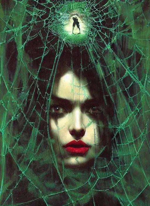 Prompt: a beautiful terrifying painting dark gothic ana de armas close up woman in a spider web, green, and black hues by raymond swanland, gaston bussiere craig mullins alphonse mucha basil gogos norman rockwell takato yamamoto, jack kirby, ruan jia, roberto ferri, monet, by wlop, moebius syd mead roger dean