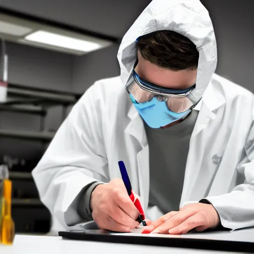 Image similar to mothman with a labcoat in a lab, writing on a clipboard