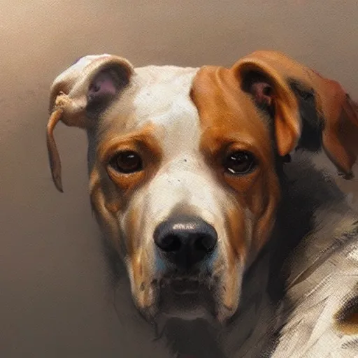 Image similar to a painting of a dog, greg rutkowski, cinematic lighting, hyper realistic painting